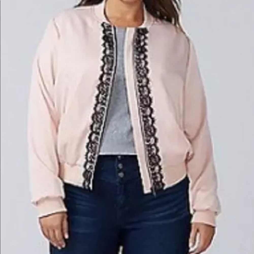 Lane Bryant Pale Pink/Black Lace Bomber Jacket
